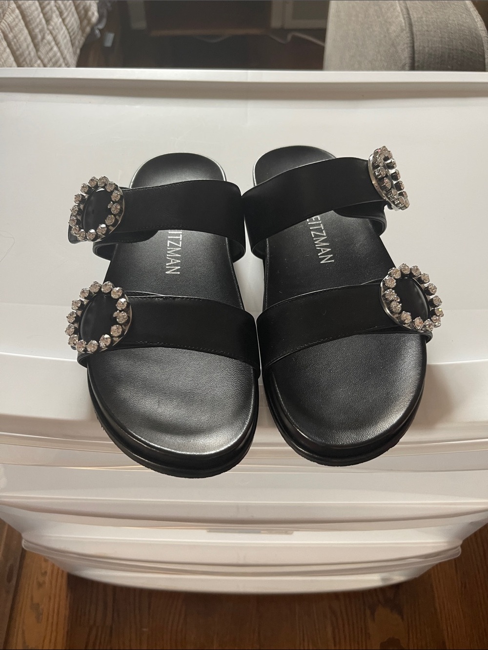 Stuart Weitzman Black Slide Sandals with Crystal Buckles